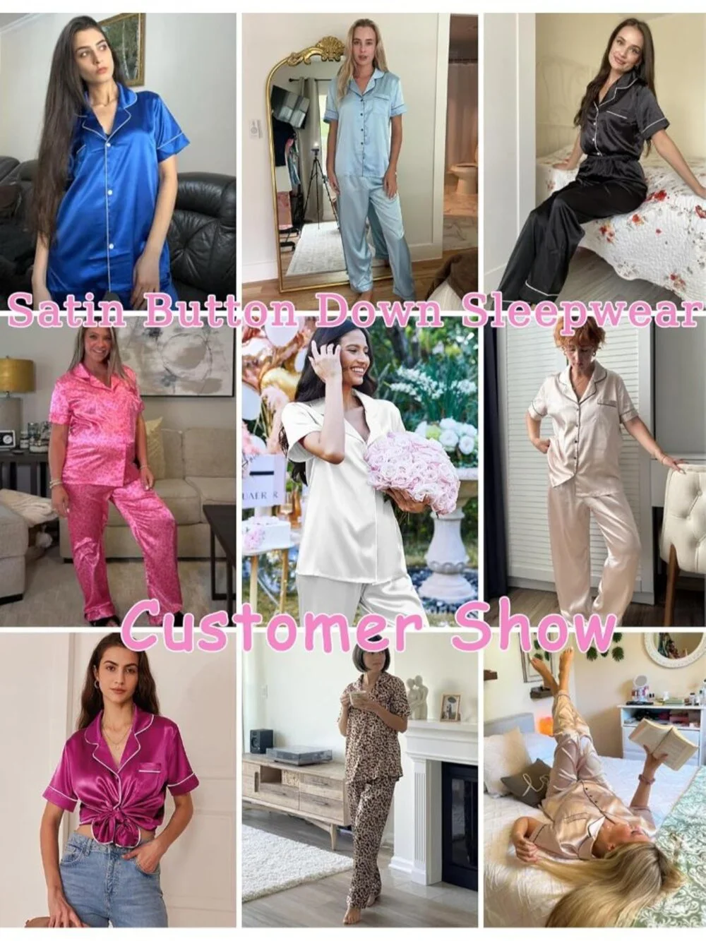 Women Pink Silky Short Sleeve Button Down Loungewear Pajama Set